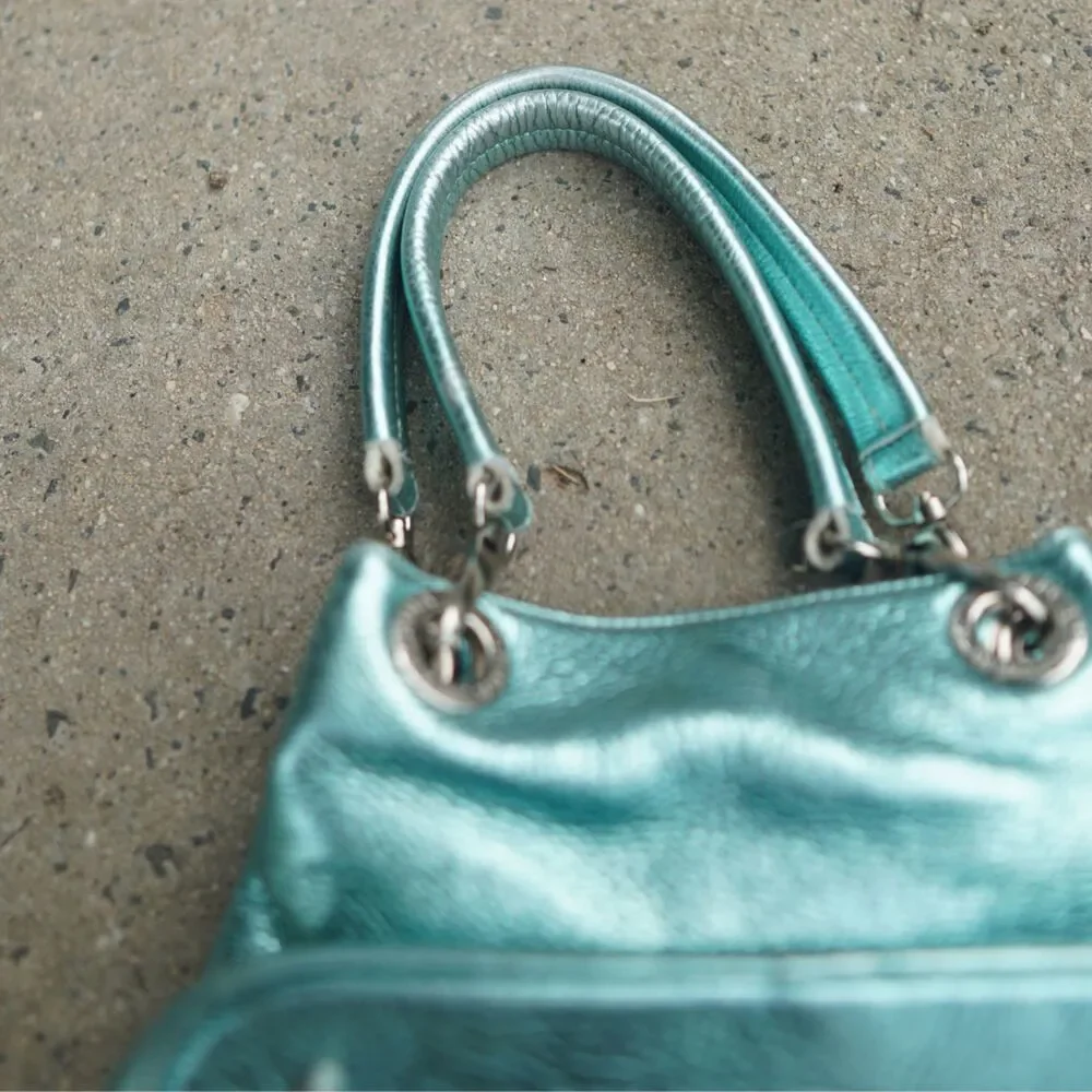 Arcadia Italy Metallic Turquoise Leather Grommet Shoulder Bag Y2K Vintage RARE